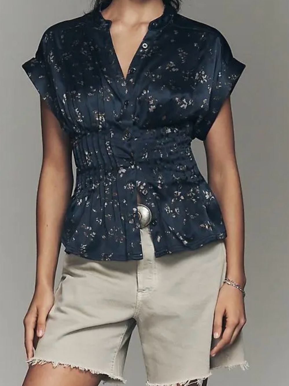 Pilcro Navy Floral Smocked-Waist Blouse Size Small